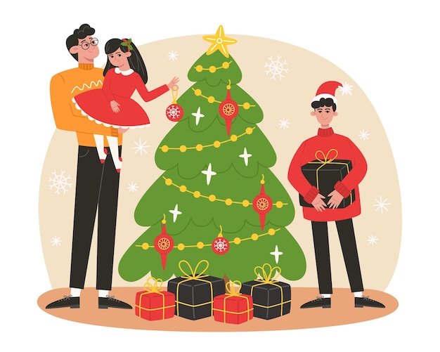 Family decorating the Christmas tree illustration in flat style