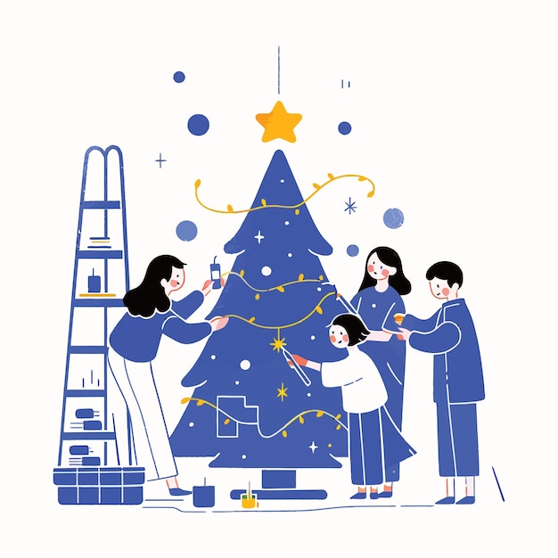 A family decorating a Christmas tree with twinkling lights and handmade ornaments Vector Illustration