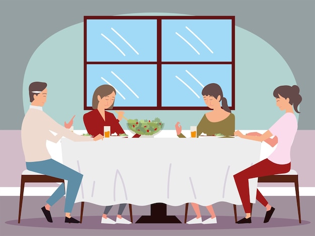 Вектор Семейный ужин, папа, мама и ее две дочери сидят и едят иллюстрацию