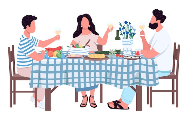 Vector family at dinner table semi flat color vector characters sitting figures full body person on white eating and drinking simple cartoon style illustration for web graphic design and animation