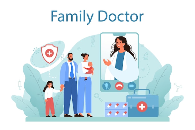 Family doctor concept Healthcare modern medicine treatment expertize and diagnostic Medical specialist in the uniform Medical treatment and recovery Flat vector illustration