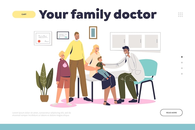 Family doctor concept of landing page with parents and kids visiting pediatrician in clinic. Children at physician checkup and examination. Cartoon flat vector illustration