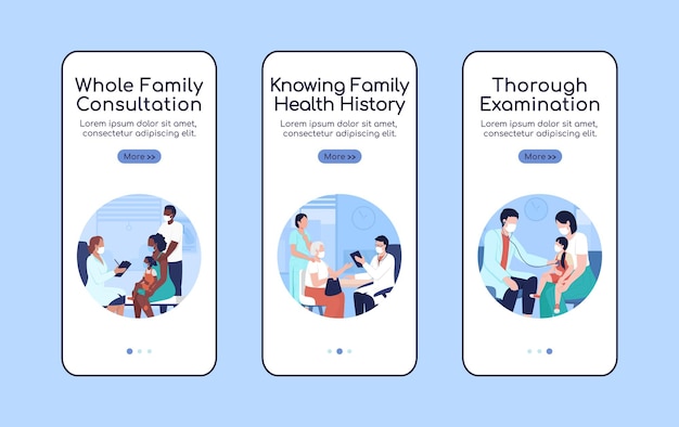 Consultazione medico di famiglia onboarding app mobile schermo piatto template vettoriale