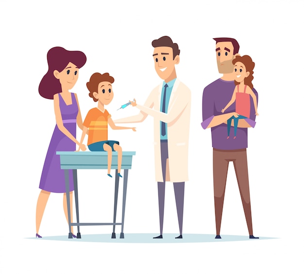 Premium Vector | Family doctor. pediatrician, vaccination illustration.  happy family and doctor characters. kids immunization, medical help