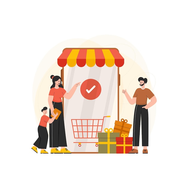 Famiglia che fa shopping attraverso l'illustrazione del concetto di app mobile