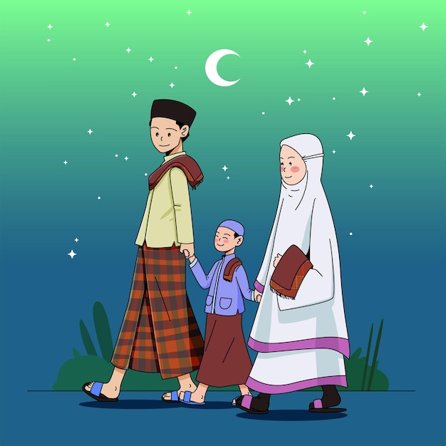 a family doing to tarawih pray in ramadan