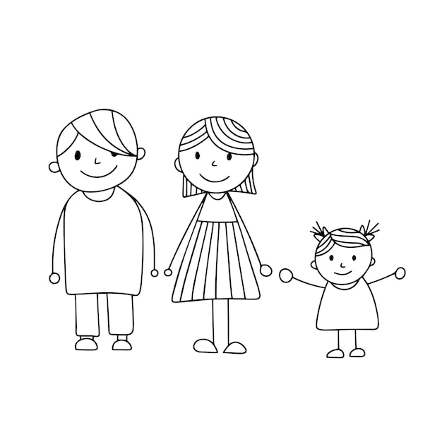 Family in doodle style hand drawn outline man woman girl hand drawn vector art