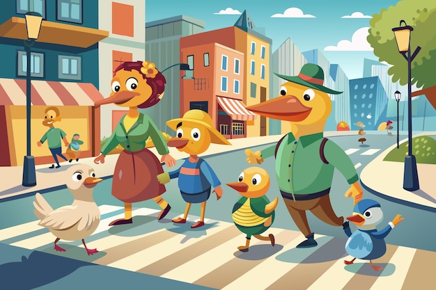 A family of ducks waddling across a busy city sidewalk