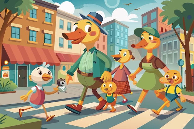 A family of ducks waddling across a busy city sidewalk