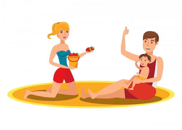 Family eating strawberry flat vector illustration