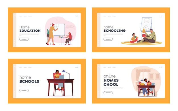 family education school at home landing page template set mother father kids students characters make homework