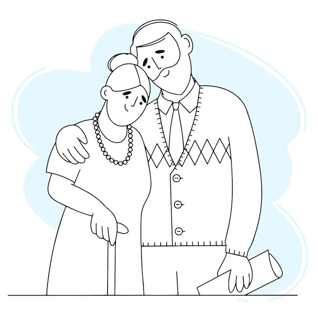 The family of an elderly couple. A man and a woman stand with their arms around each other. Vector linear illustration.