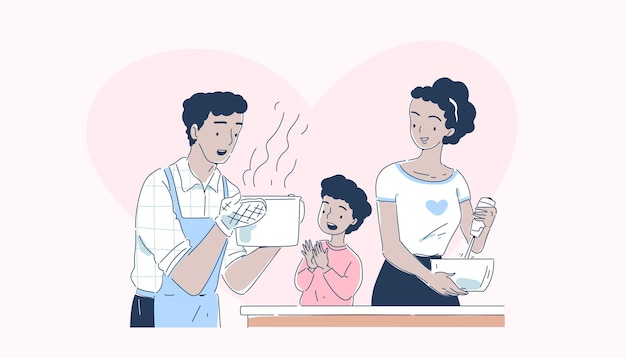 Family enjoying soup simple man and woman with little daughter prepare food household chores and