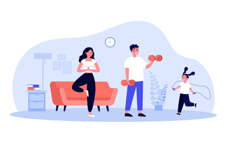 Vector family exercising at home