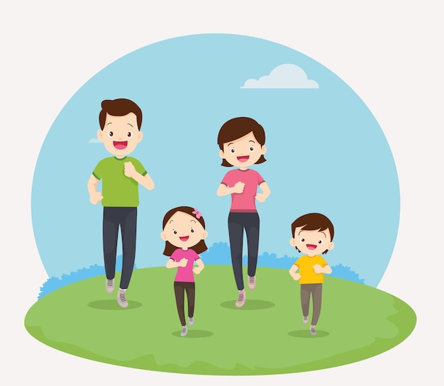 一緒に運動する家族健康のために公共の公園で一緒に運動する幸せな家族