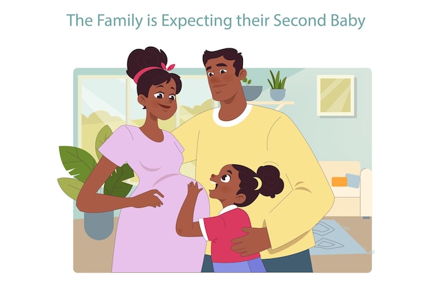 2人目の子供を期待する家族セット 2人目を妊娠した黒人女性