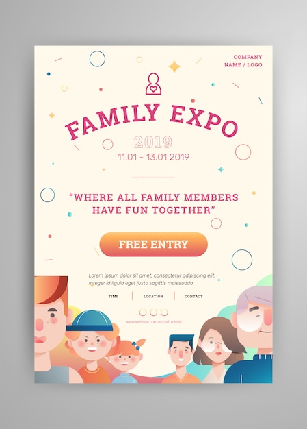 Vector family expo with parents and childrens avatar poster layout