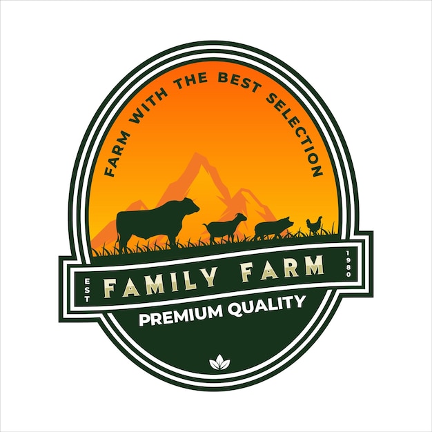 Vector family farm badge vintage livestock at sunset emblem