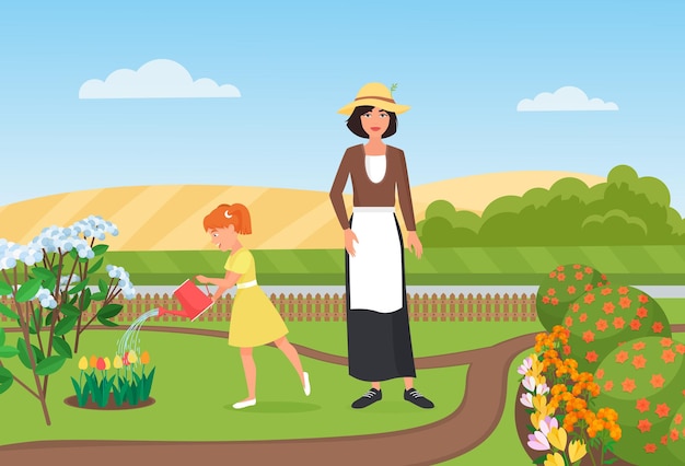 Family farmers people work water flowers in farm garden girl mother gardeners working