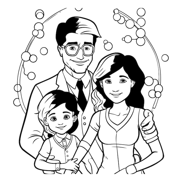 Family of father mother and daughter in black and white vector illustration graphic design