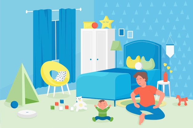 Vector family fatherhood and parenthood concept happy smiling father playing with baby boy