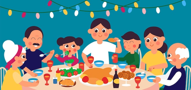 Cena festiva in famiglia tavola di natale mangiare insieme happy fest pranzo genitori e figli riunione amici che celebrano pasti diversi concetto vettoriale decente