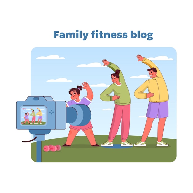 벡터 가족 피트니스 블로그 개념 아버지 어머니와 아이가 인터넷을 탐색하여 가족 운동을 보여줍니다.