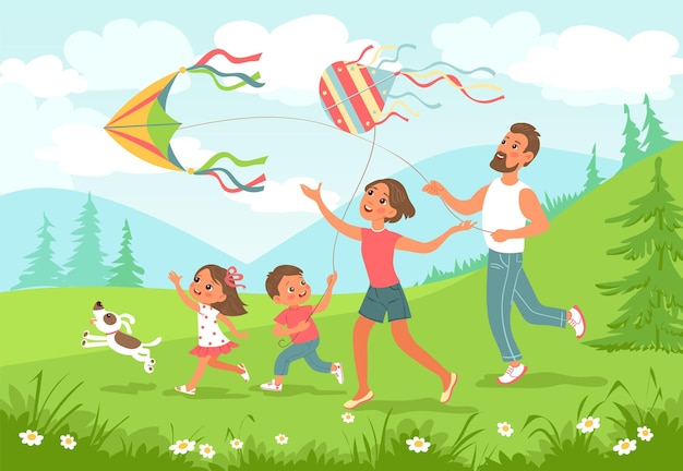 Family fly kites. Outdoor joint activity. Happy children and parents playing with color air toys. Mom and dad walking together with son and daughter in park. Summer leisure in nature. Vector concept