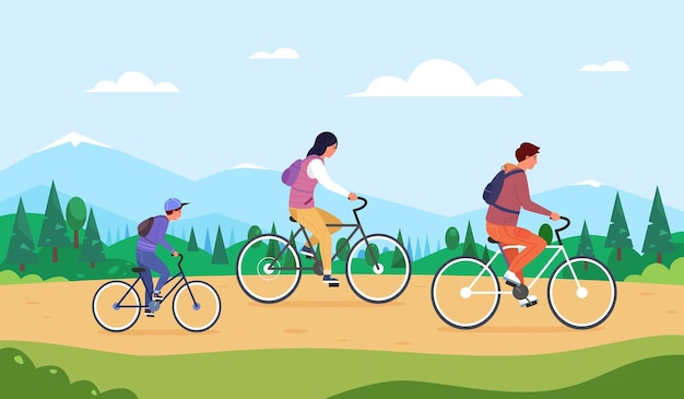 Vector family forest cycling spring ride on bicycle green countryside happy child biker cycle hiking healthy activity leisure outdoor mountain nature