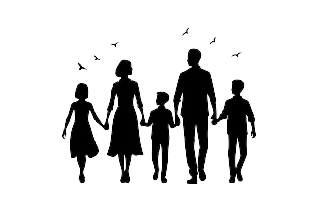 Vector a family of four are holding hands and the silhouette of a man is holding a child