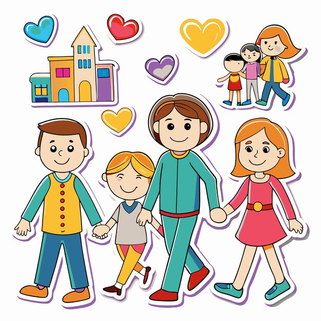 Vector a family of four walking together holding hands with a cartoon house in the background and hearts around