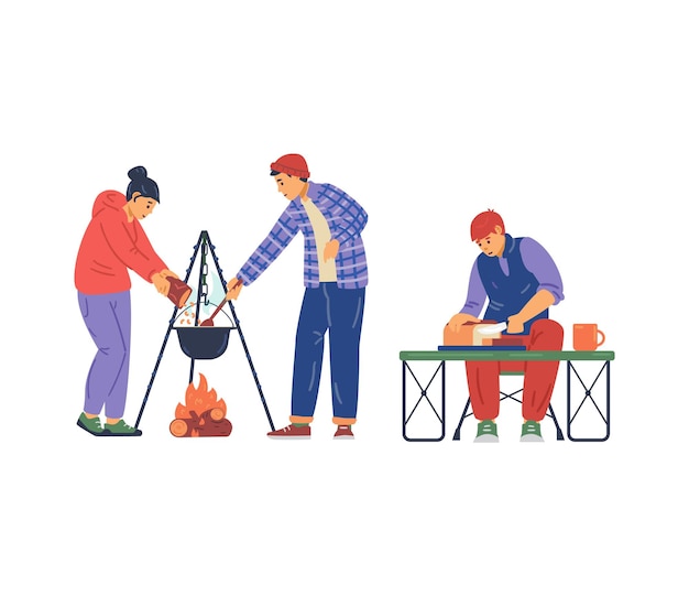 Family or friends cooking food near campfire in camp a vector illustration