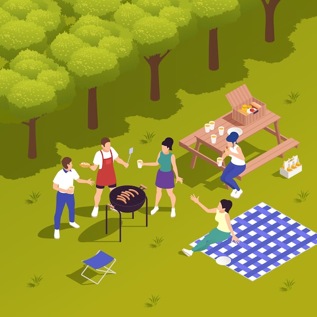 Vector family friends picnic in country park with barbecue grill drinks food basket gingham tablecloth isometric illustration