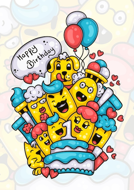 Famiglia e amici che augurano buon primo compleanno al bambino disegnato a mano doodle artwork