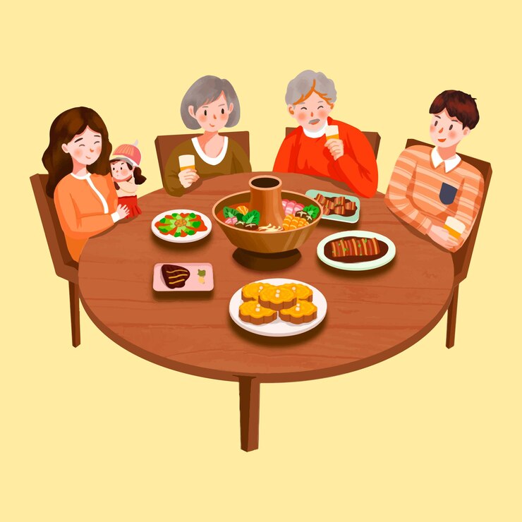 Vector 가족 들 이 재결합 저녁 식사 를 위해 모인다