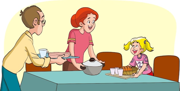 семья собирает обеденный стол вместе мультфильм вектор