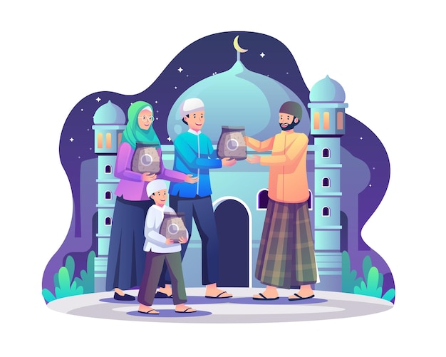 Vector the family gives zakat ramadan an important islamic obligation of donation and charity illustration