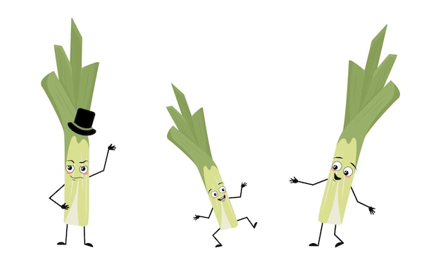 Family of green leek character with happy emotions and poses\
smile face eyes arms and legs mom is happy dad is wearing hat and\
child with dancing pose vector flat illustration