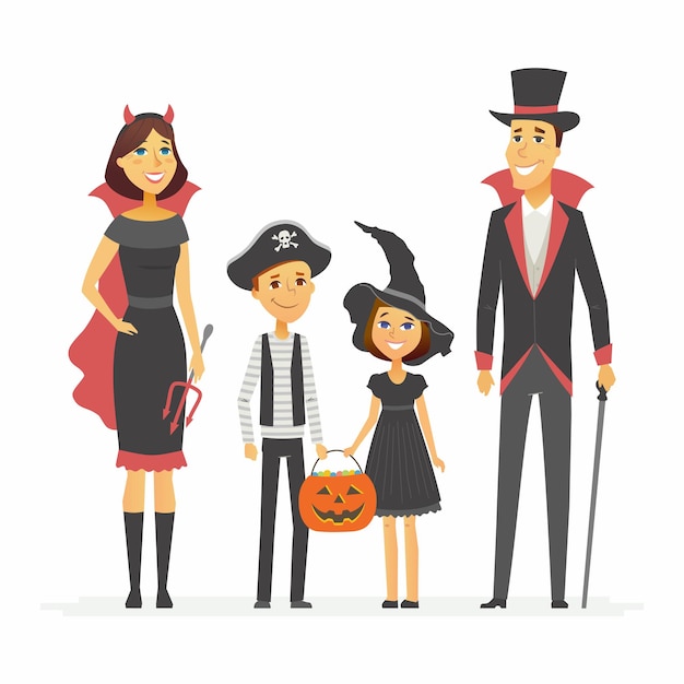 Famiglia alla festa di halloween - personaggi dei cartoni animati illustrazione isolato su priorità bassa bianca. i giovani genitori e i loro figli indossano costumi e tengono in mano un cesto di jack-o-lantern