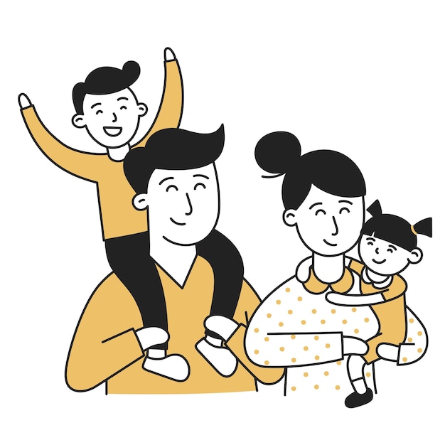 Вектор Семейный рисованный ребенок и семейная икона каракулей