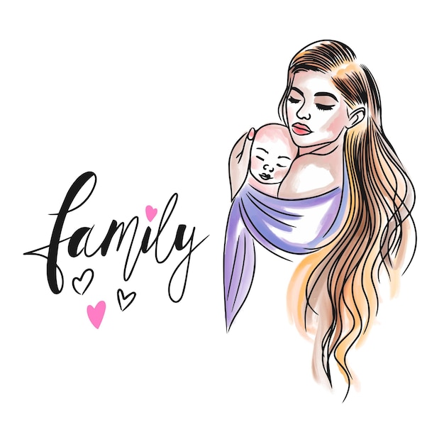 Family handwritten lettering mom with long hair hugs baby