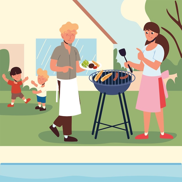 Famiglia che fa una festa barbecue