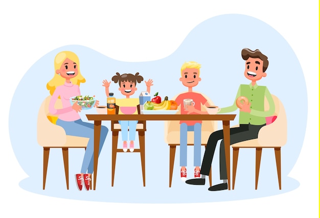 向量的家人在餐桌上吃早餐。幸福的父母