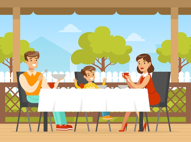 Vector family having dinner on terrace mother father and son sitting at table and eating outdoors cartoon