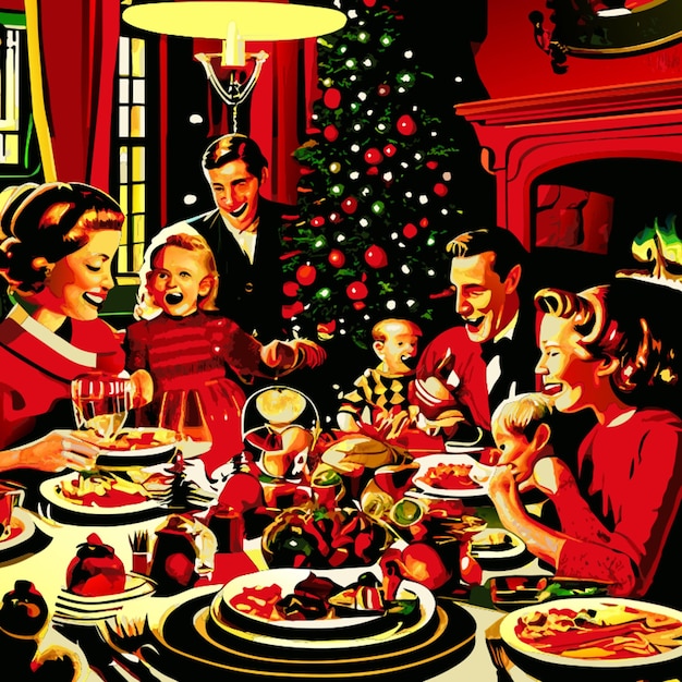 family having a holiday dinner together in retro 1950s style vector illustration