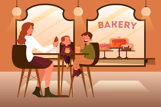 Vector family having lunch in bakery. mother and children spend time together. bakery building interior. shop counter with showcase full of baked goods.