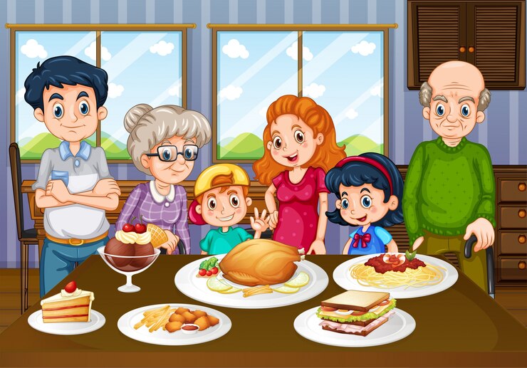 Vector 식당에서 함께 식사를하는 가족
