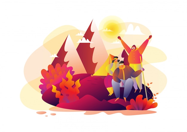 Family hiking in mountains flat cartoon vector illustration