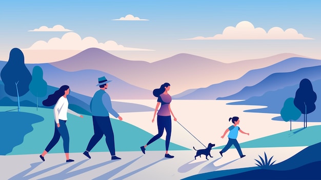아름다운 산악 풍경 에서 개 와 함께 가족 으로 산책 하는 것