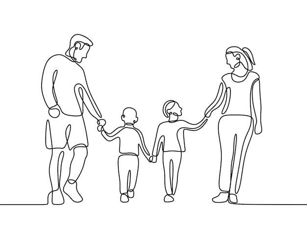 Vector family holding hands oneline continuous single line art